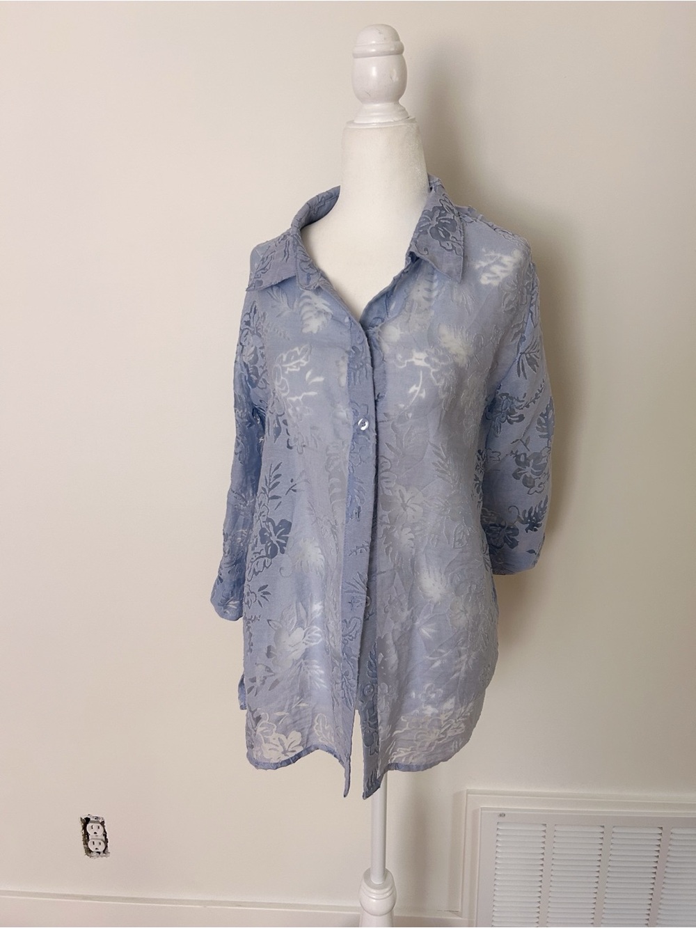 Sheer Light Blue Floral Button-Down Tunic Shirt